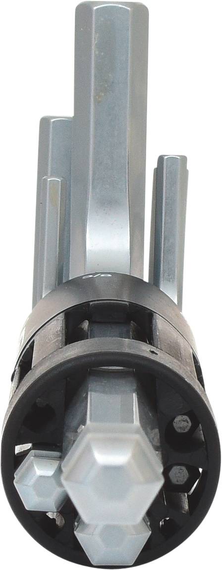 Silver-coloured, hexagonal multi-spanner attachment in close-up, suitable for various screw and nut sizes.