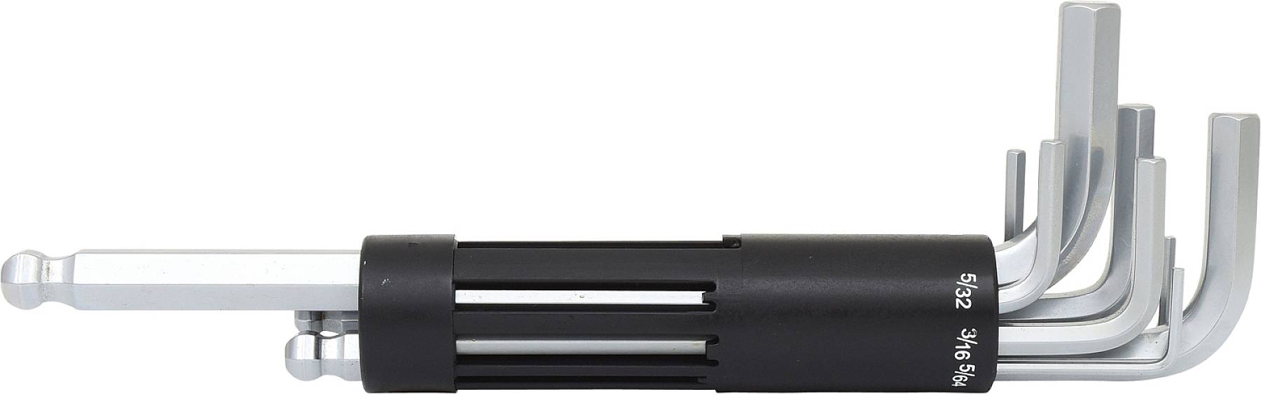 Hex key set with six silver-coloured keys in a black holder, which enables stable transportation.<br><br>Translated to British English:<br><br>Allen key set with six silver-coloured keys in a black holder, enabling stable transport.