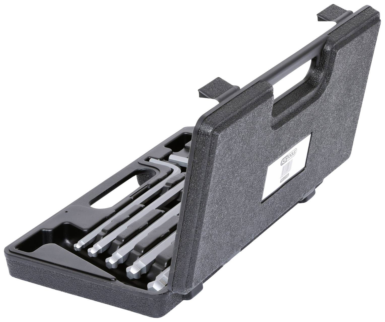 A black toolbox containing hexagonal screwdrivers of various sizes, neatly arranged in separate compartments.