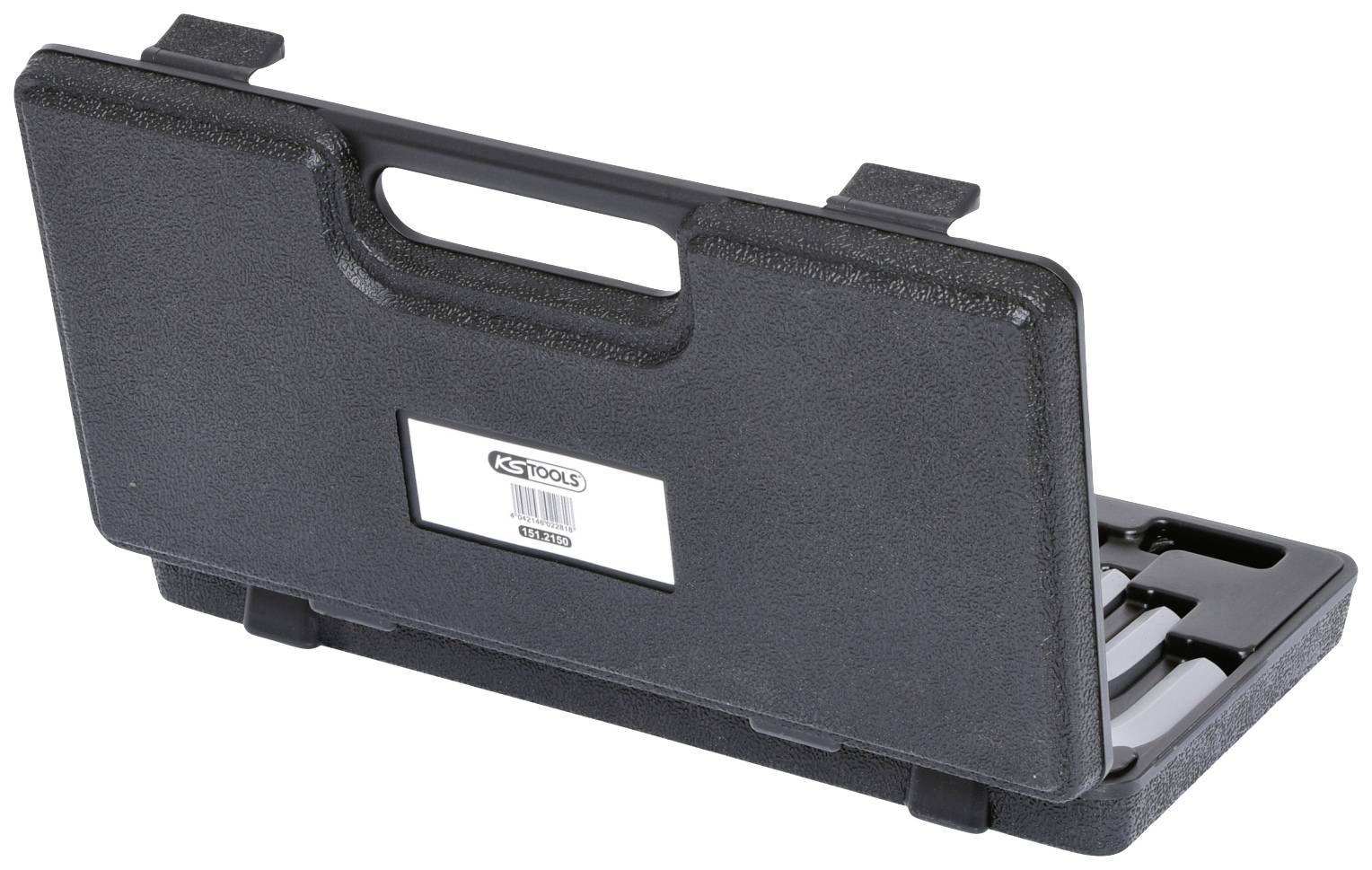 Tool case with label and plastic handle, partially open with tools visible. Suitable for tool set storage.
