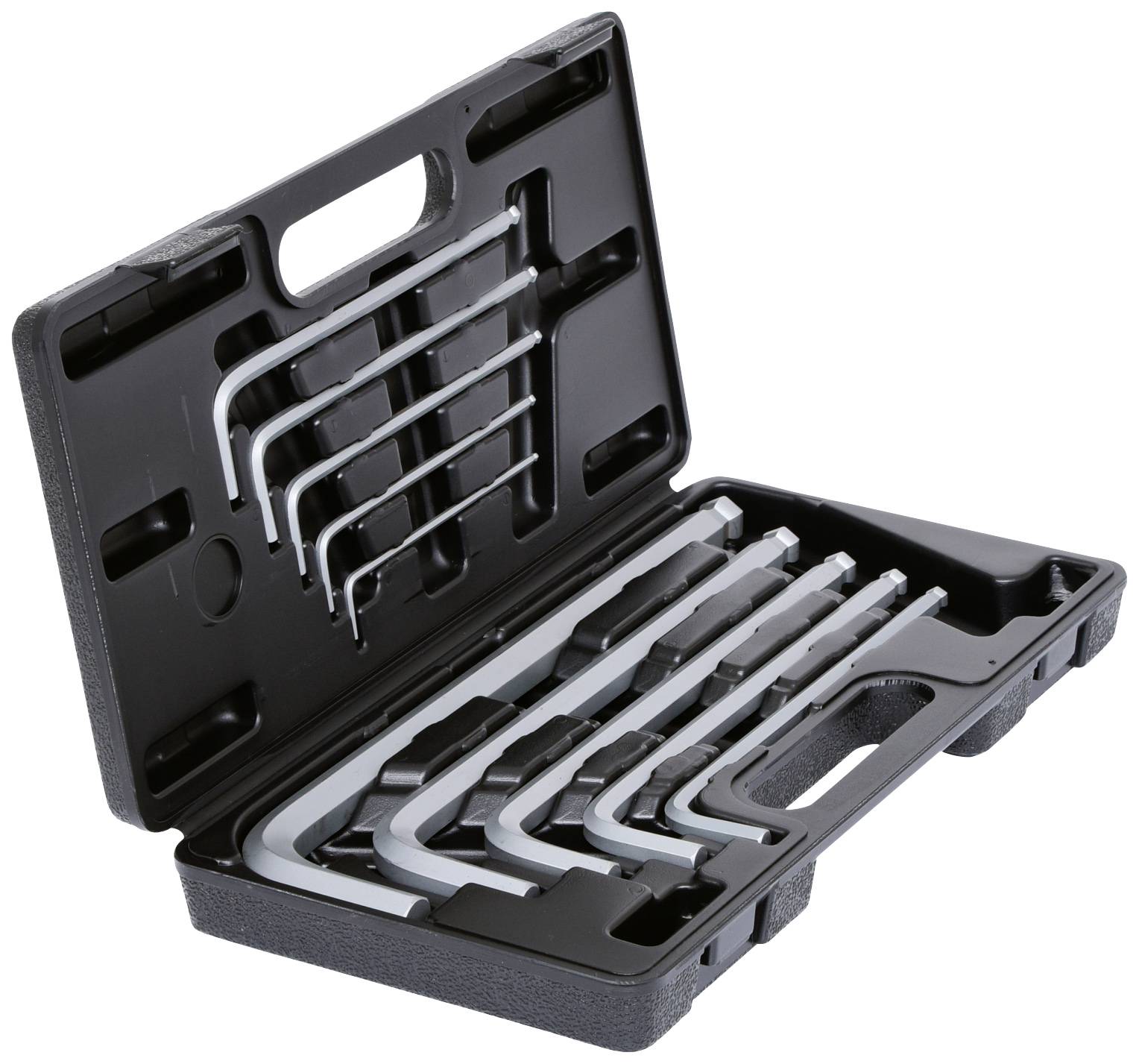 A set of Allen keys in various sizes in an open black plastic case.