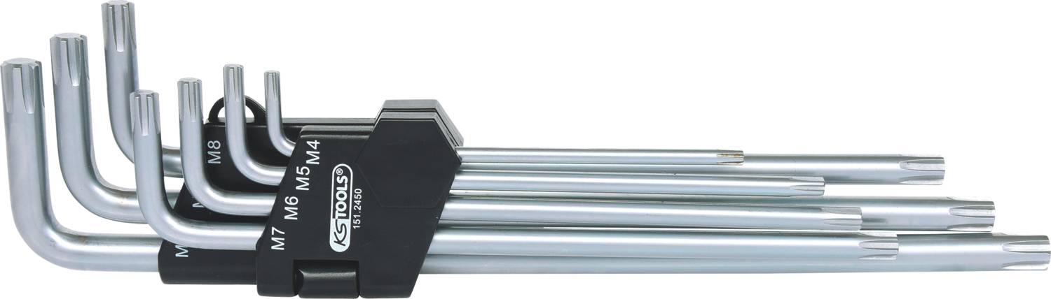 A set of Allen keys in a black holder, arranged by size from M4 to M8. Ideal for various screw-related tasks.