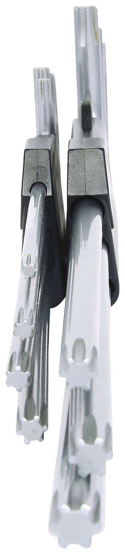 Two windscreen wipers mounted together in a vertical position. Parts made of metal and black plastic are visible.