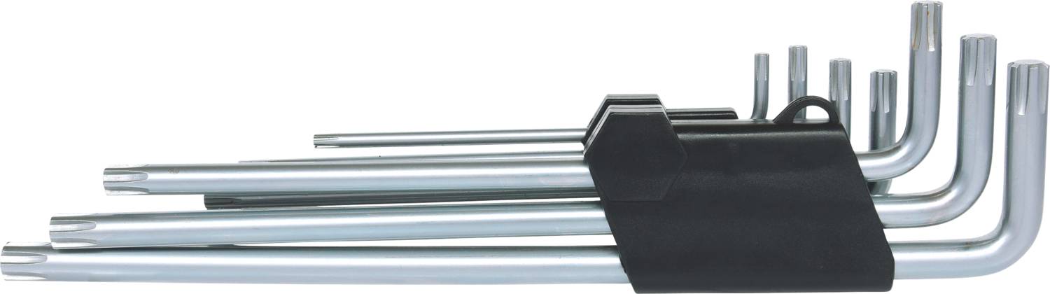 A set of silver Torx keys in a black holder, arranged from small to large.