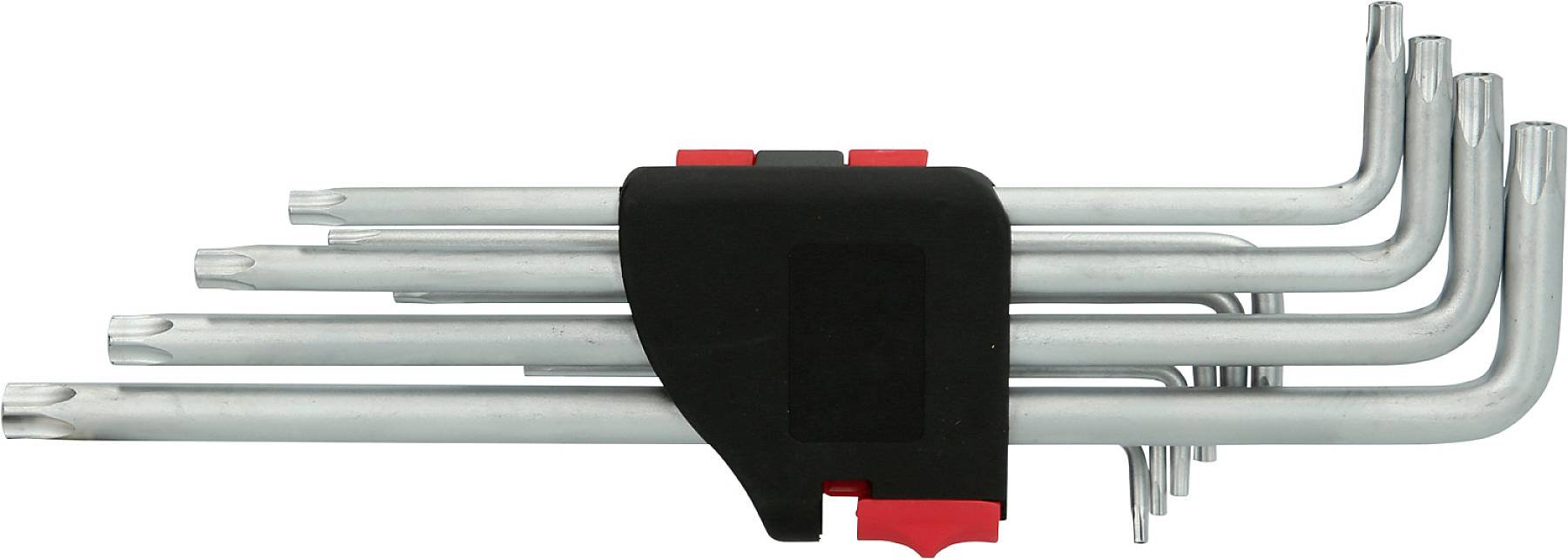A set of Torx keys in various sizes in a black and red holder.