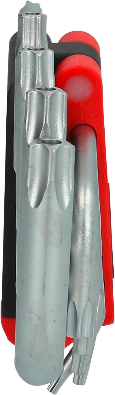 Foldable tool set with multiple metallic bits for different screws, enclosed within a red and black handle.