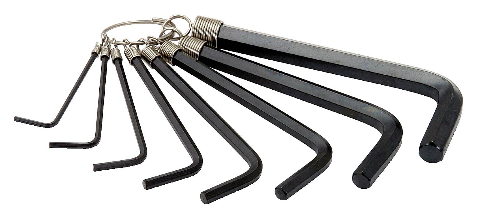 A set of eight black Allen keys in various sizes, held together by a metal ring.