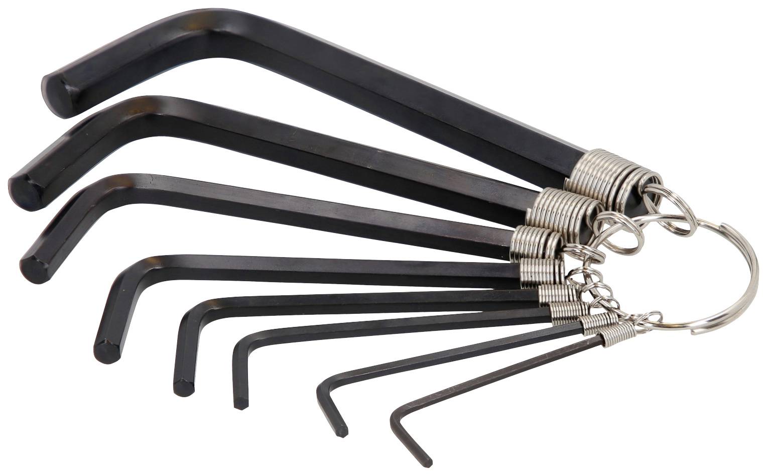 A set of seven black Allen keys in various sizes, linked together by a metal ring.