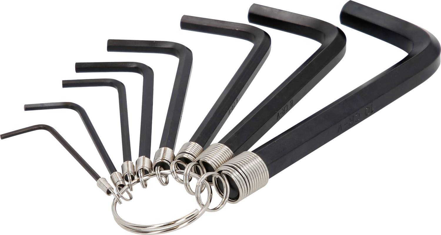 "Set of nine Allen keys in ascending size on a key ring."<br><br>Note: This translation uses standard British English terminology, replacing "Inbusschlüssel" with the British term "Allen keys" and maintaining the precise description of the item.