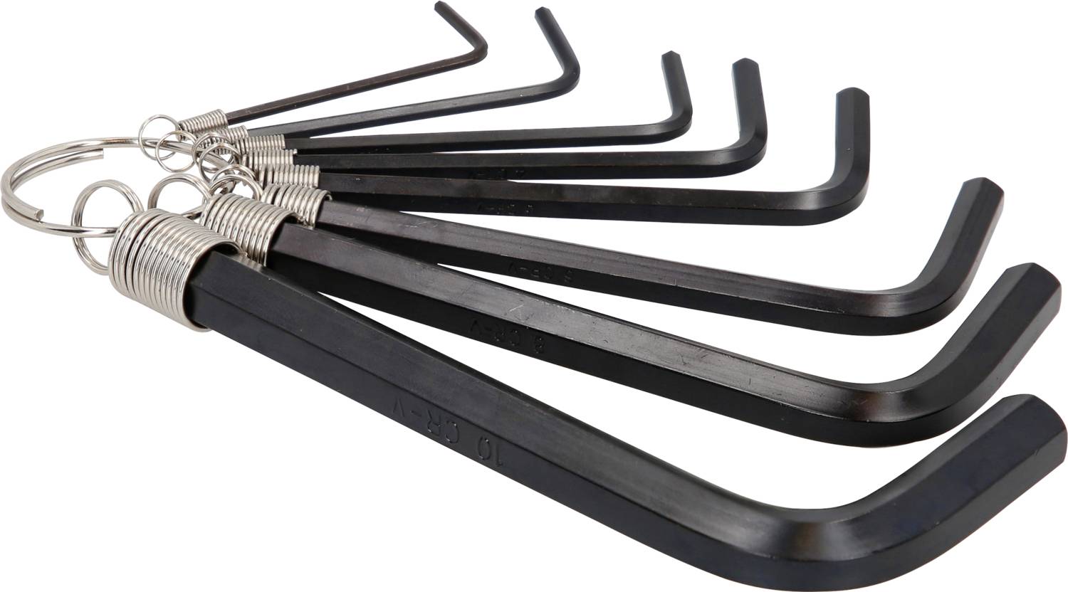 A set of eight black Allen keys in various sizes, arranged on a metal ring. Suitable for socket head cap screws.