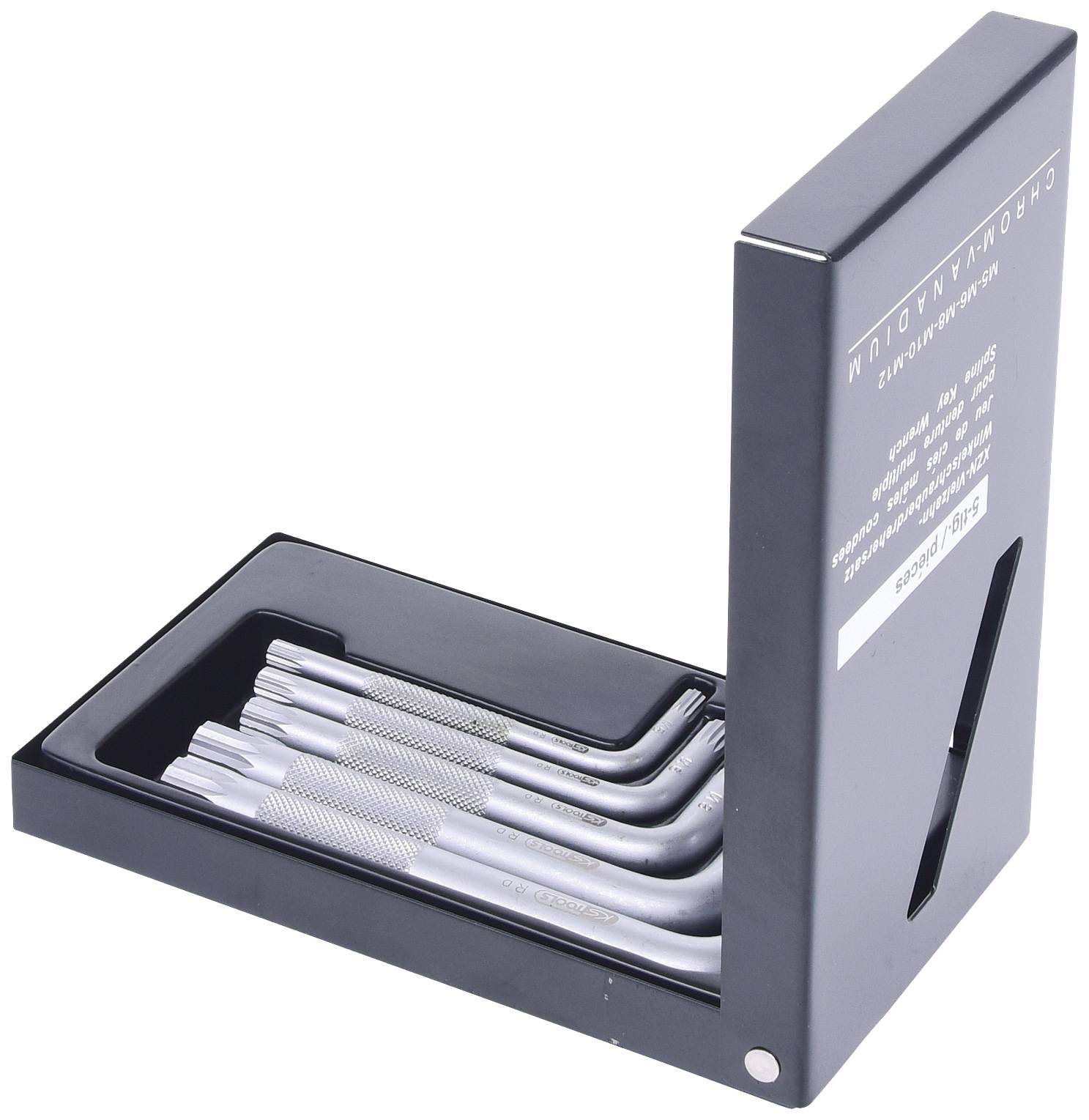 Set of five surgical instruments with curved tips in a black storage box, showing the instrument set in an open state.