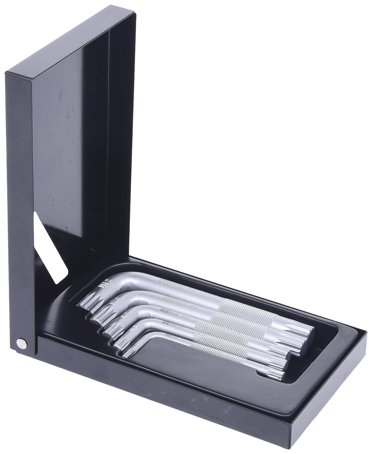 A set of silver hex keys in a black holder, opened and laid out for viewing.