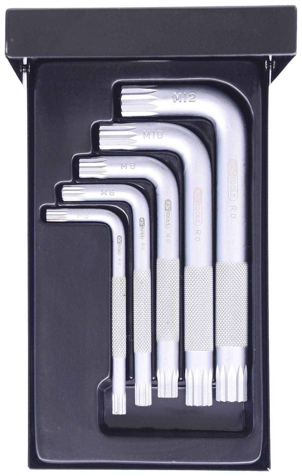 'Set of five silver Torx keys in various sizes, arranged in a black plastic case.'