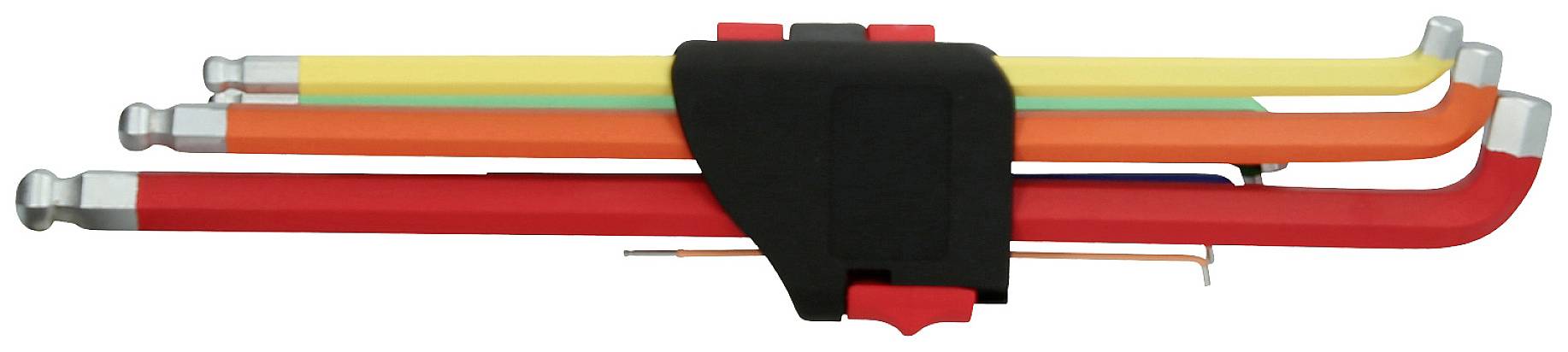 Four hexagonal keys in red, orange, yellow, and green stacked on top of each other and secured with a black mounting bracket.
