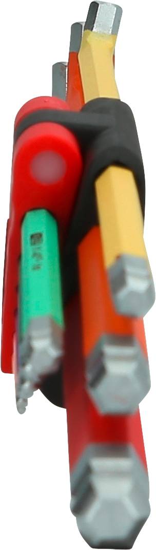 A set of six Allen keys in different colours, arranged in a holder.
