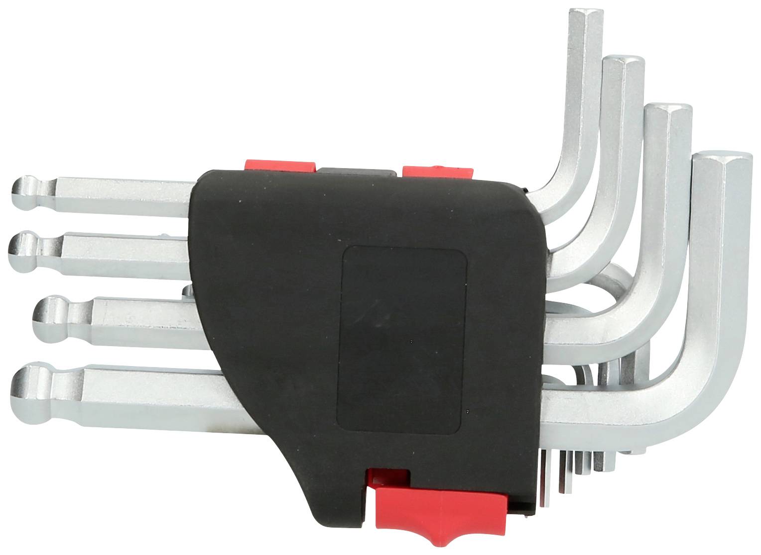 Allen key set in holder with various sizes, arranged from large to small. Suitable for versatile applications.