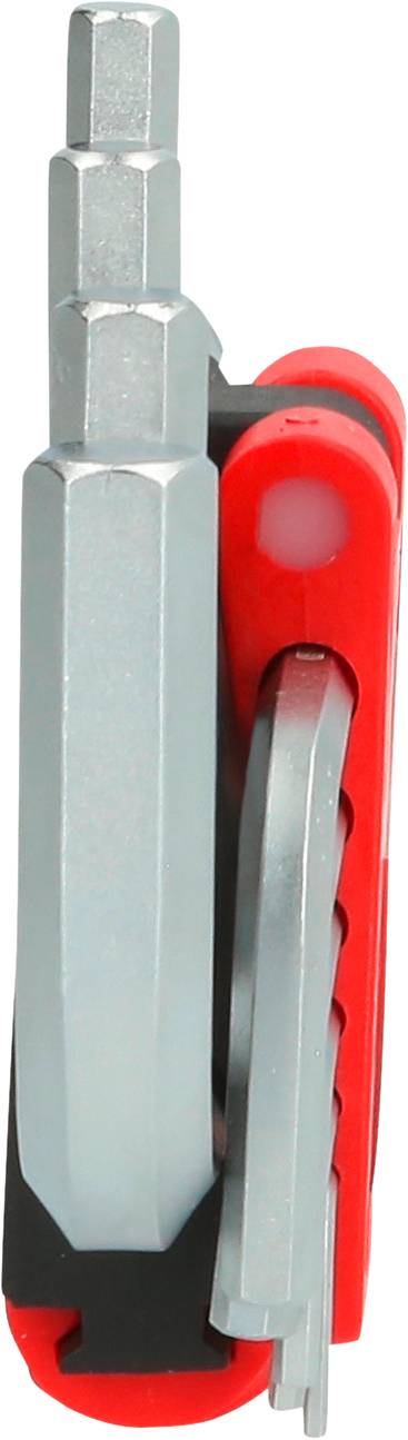 Foldable multi-tool with Allen keys and a red and black handle. Ideal for bicycle repairs or other DIY tasks.