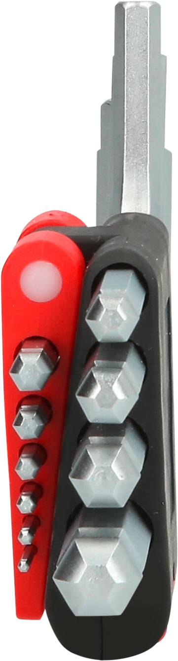 A compact multi-tool with several spanners, arranged in a foldable design. Suitable for DIY tasks.