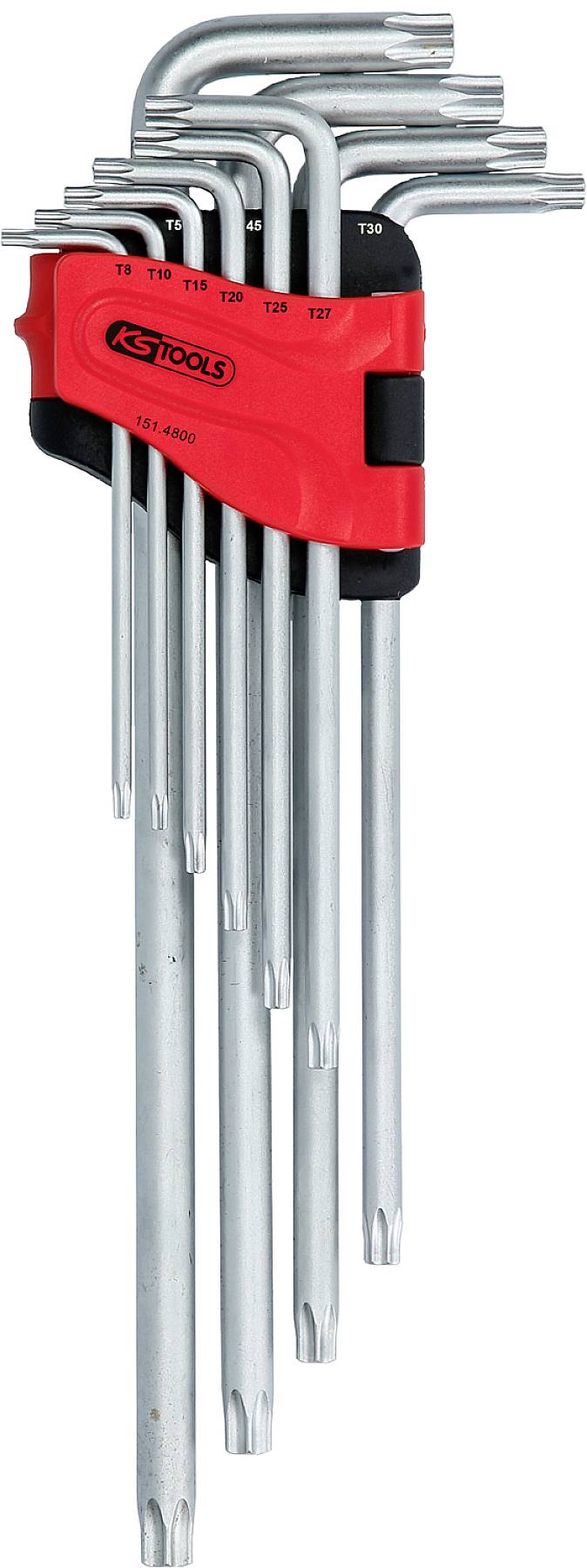 A set of nine silver Torx Allen keys in a red holder, marked from T8 to T40 for different screw sizes.