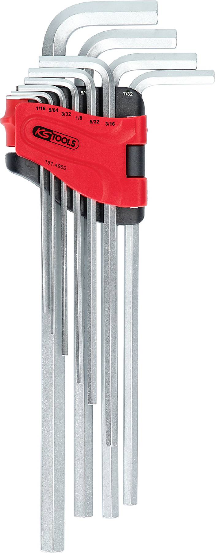 A set of nine hex keys in various sizes, secured in a red and grey holder.