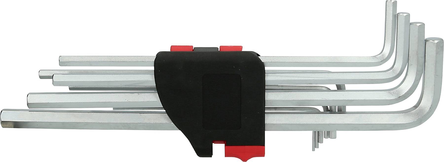 A set of Allen keys in various sizes, arranged in a black holder with red details.