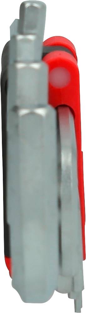 A red and black multi-tool in side view with metal functions unfolded.