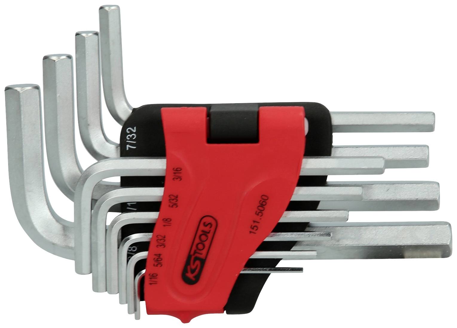 A set of Allen keys in various sizes, held in a red plastic holder with a black base.