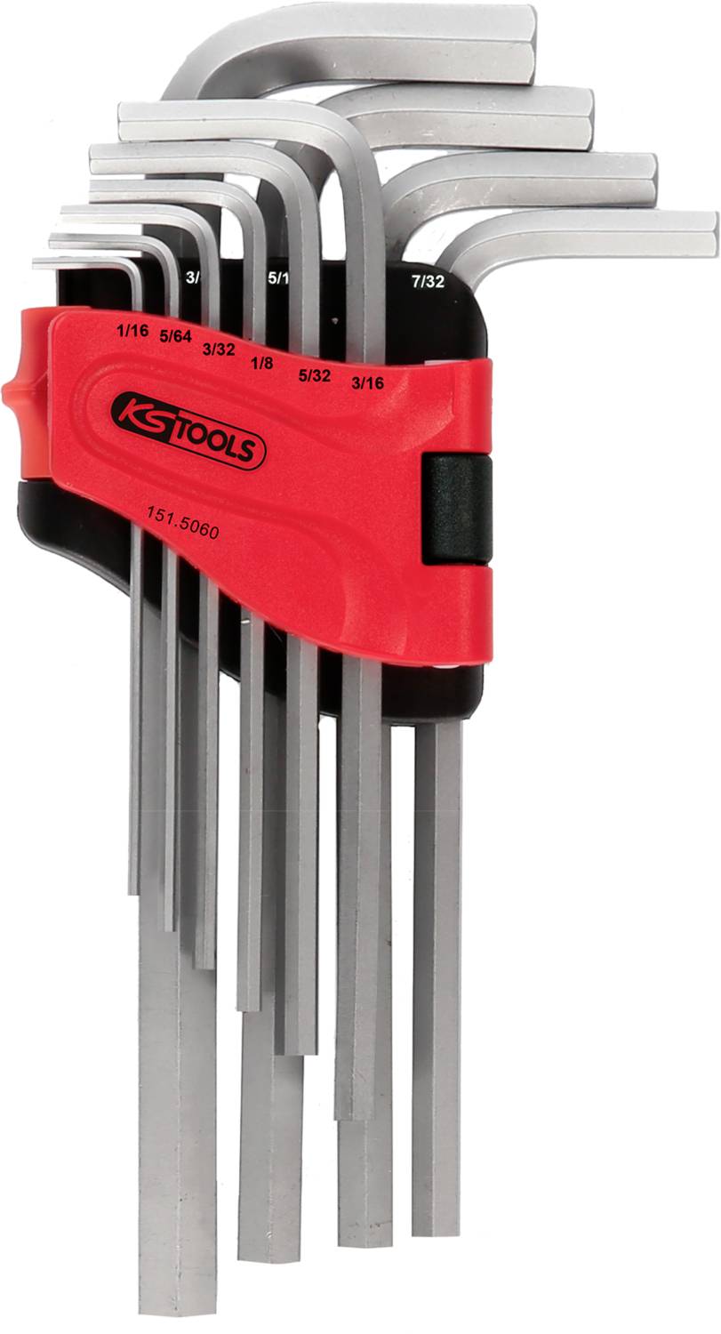 A set of hexagonal Allen keys in a red holder, arranged in order of size, from small to large. Each key is clearly visible.