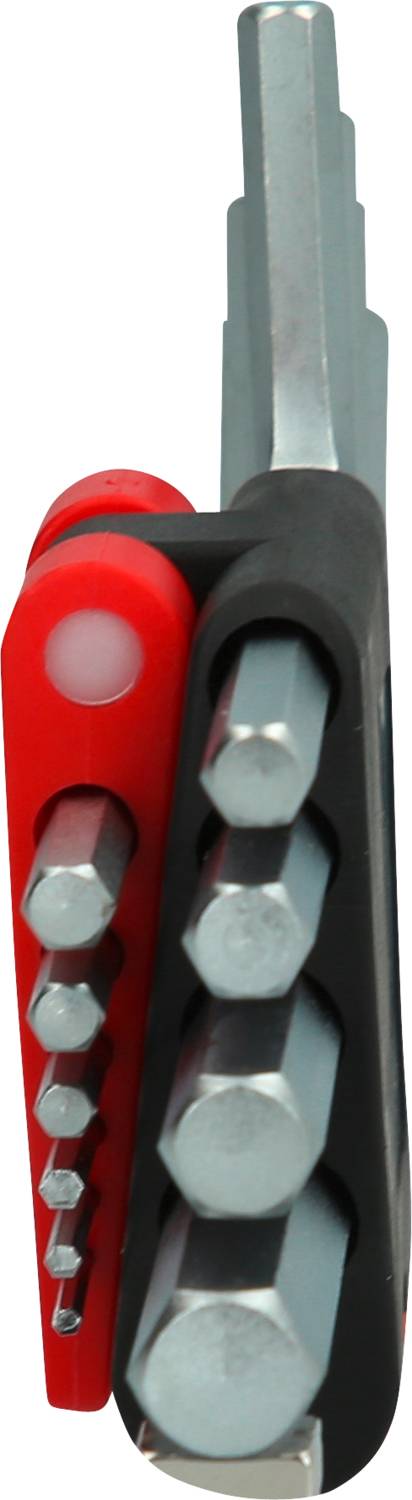 Multifunctional folding tool with various hex keys, black and red handle, compact design for versatile use.