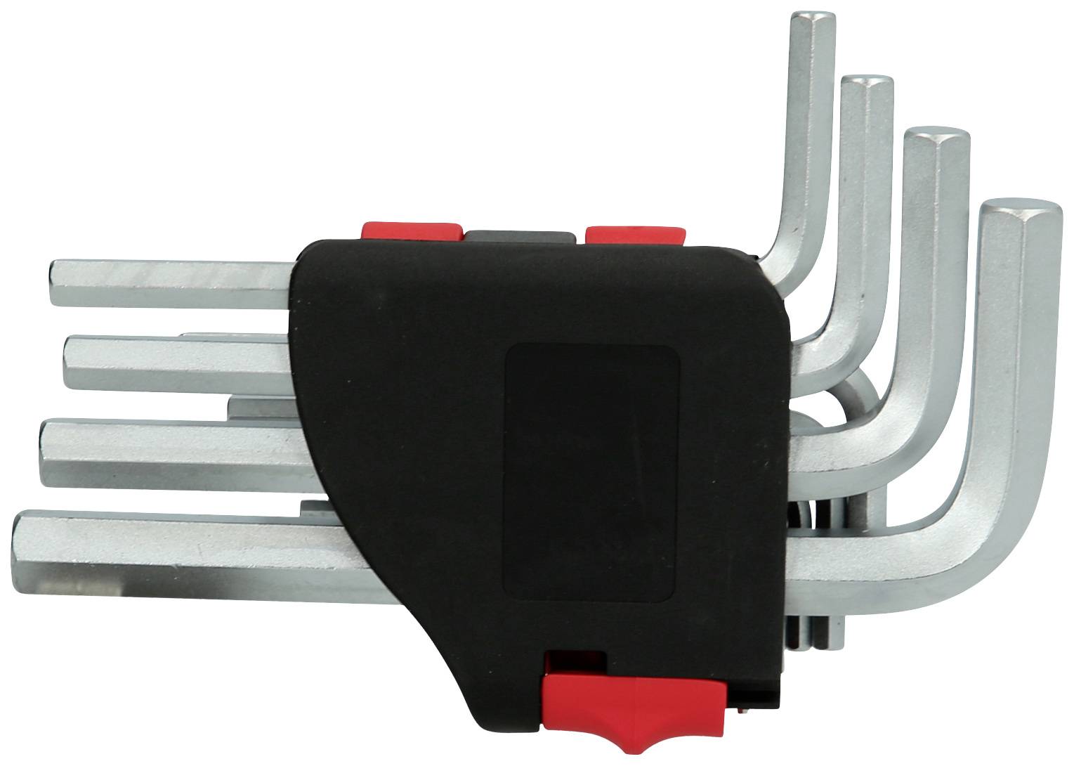 A set of hexagonal Allen keys with black and red holders, arranged in various sizes and suitable for mechanical work.
