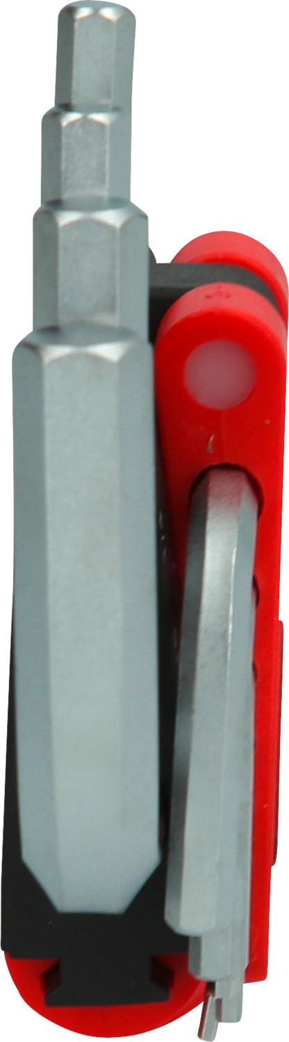 A silver and red-black multi-tool with several folded tools, primarily hexagonal Allen keys.