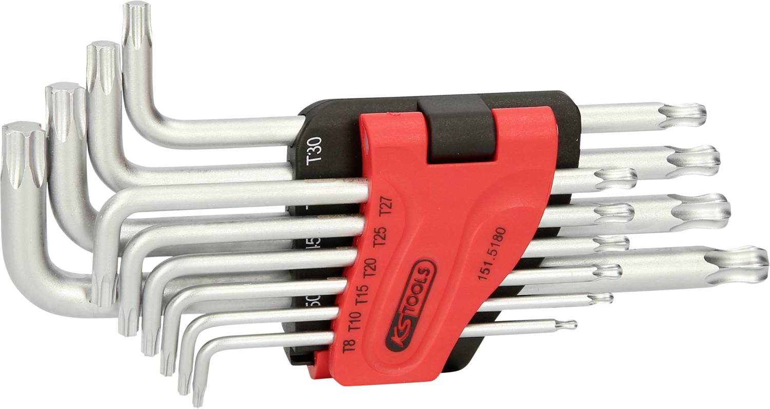 'Set of L-shaped Torx keys in various sizes, held in a red plastic holder with a black logo.'