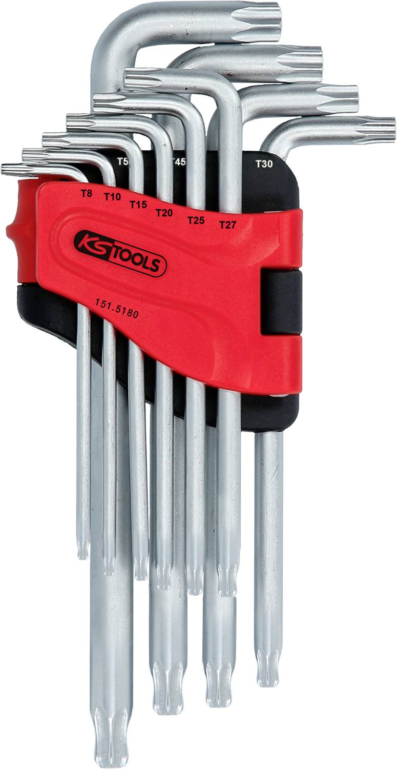 A set of seven silver Torx keys in various sizes in a red holder, suitable for diverse screw-related tasks.