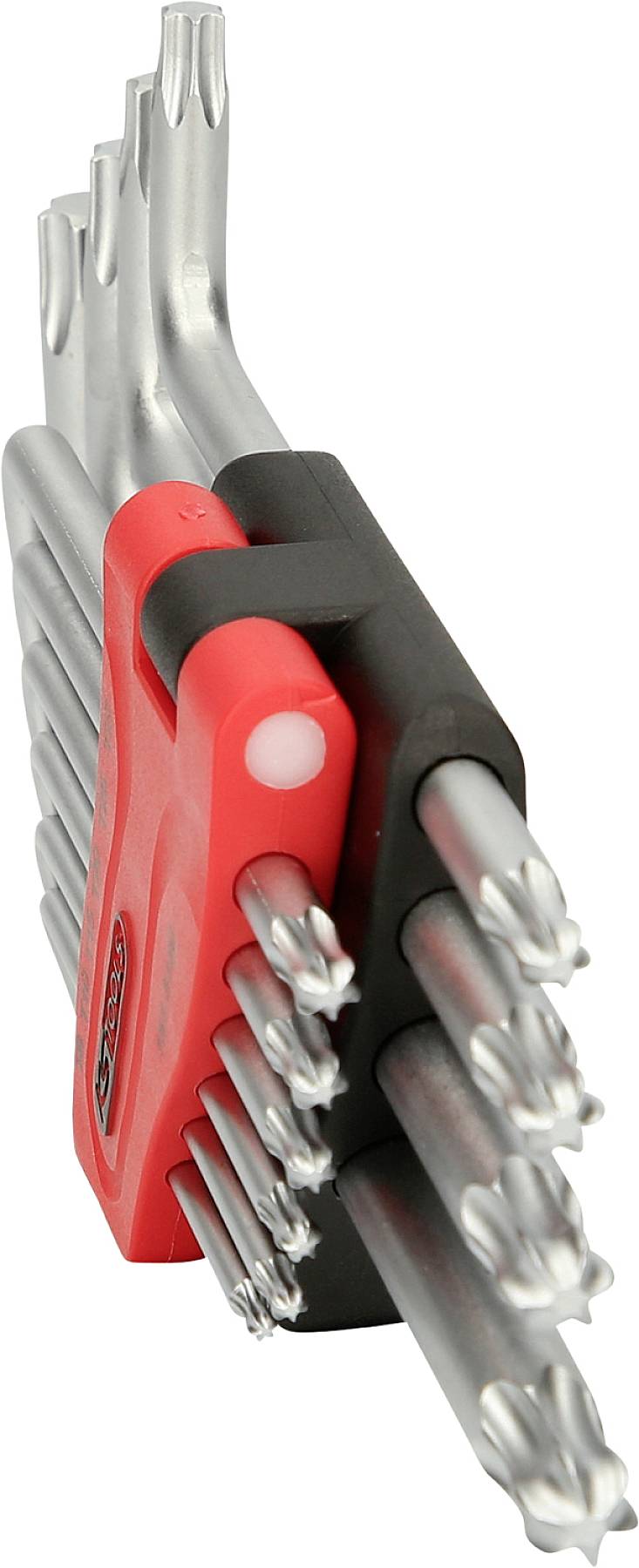 Set of Torx keys in multiple sizes in a red and black holder.