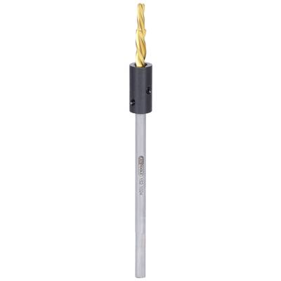A drill bit with a yellow, spiral-cutting head and silver-coloured shaft. The upper part has a black sleeve.
