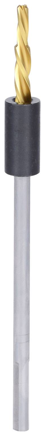 A drill bit with a golden tip and silver shaft, partially encased in a black sleeve.