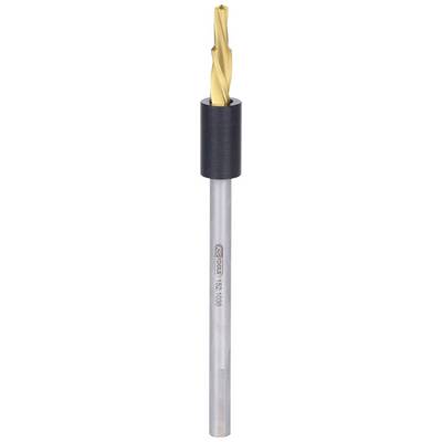 A metal drill bit with a golden cutting tool and silver shaft. At the base, there is a black mounting element.