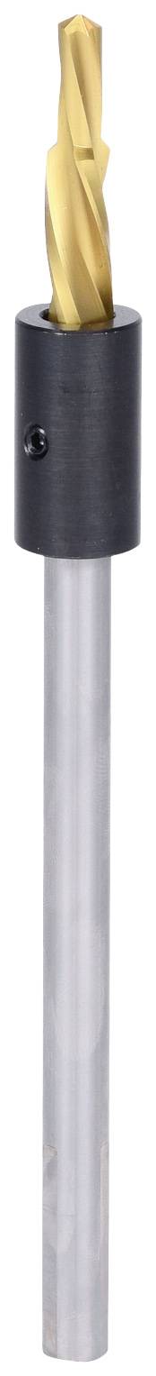 Drill with a silver shaft and golden tip, secured in a black holder. Tool for processing materials.
