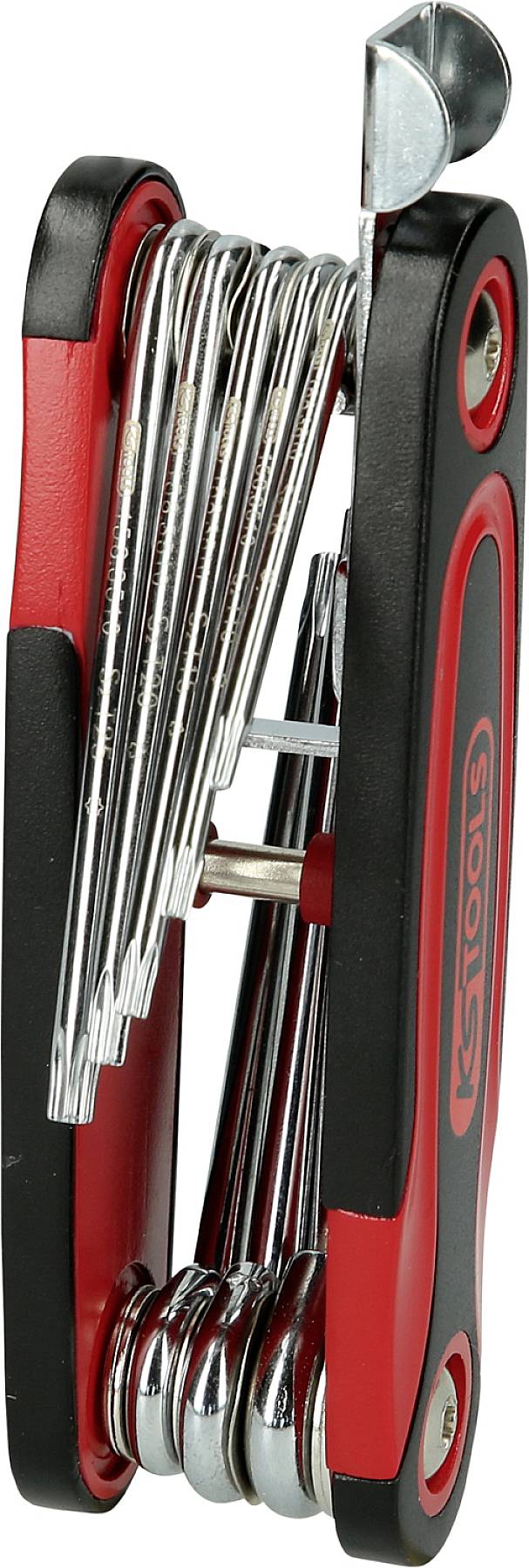 A red multi-tool with various Allen key and screwdriver heads demonstrates a workshop application.