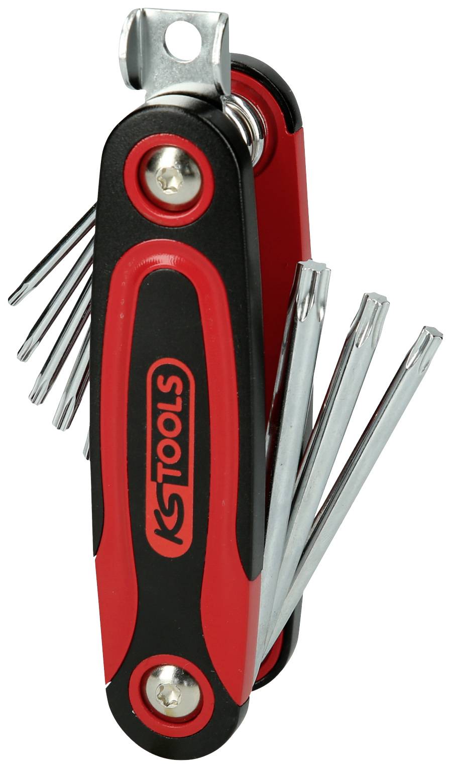 Compact red and black multi-functional tool with various fold-out screwdriver attachments. Ideal for repairs.