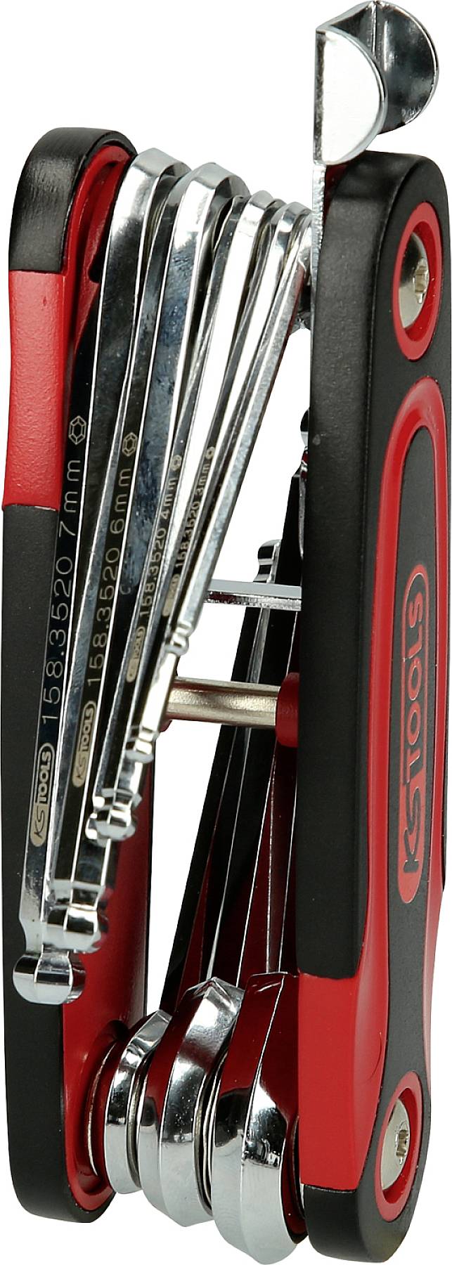 A red and black multitool with several foldout hexagonal allen keys.