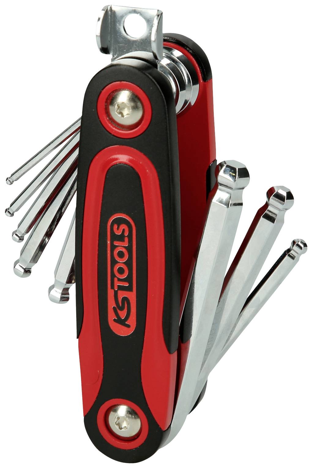 A multifunctional tool set with various hex keys in a foldable, red and black handle.