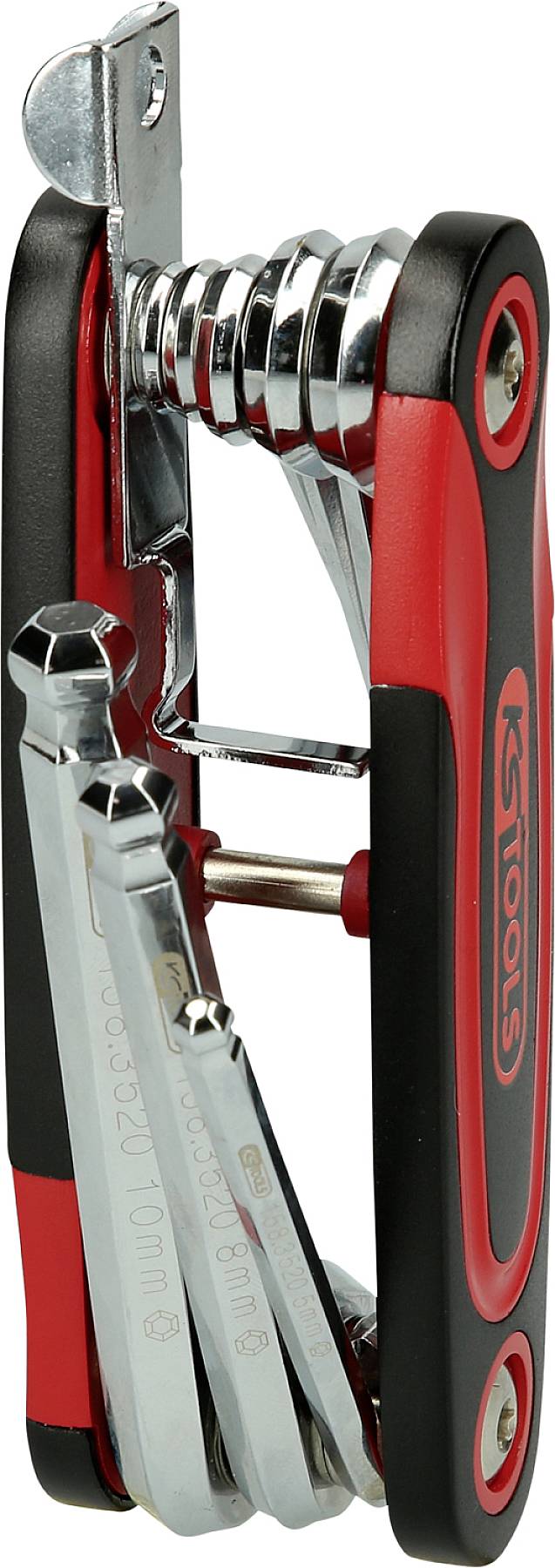 A foldable multi-tool with several hex keys in a red and black casing, suitable for repairs.