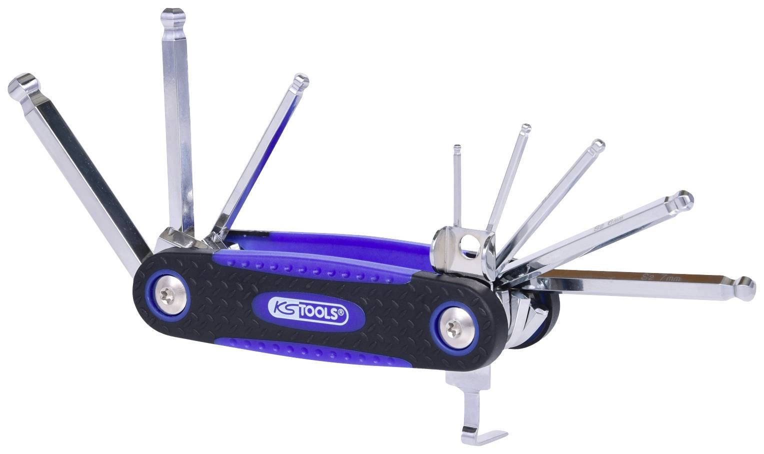 A multi-functional tool with several fold-out Allen keys in different sizes, suitable for repair work.