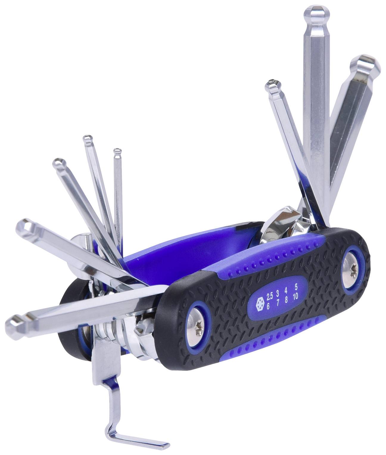 A multi-tool with various fold-out hex keys and screwdrivers on a blue-black handle.