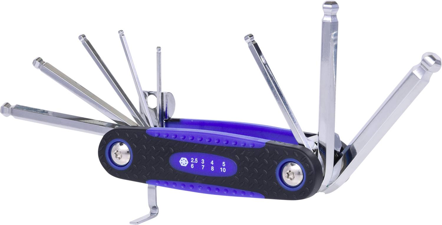 A multi-tool with various foldable Allen keys in different sizes, compact and portable.