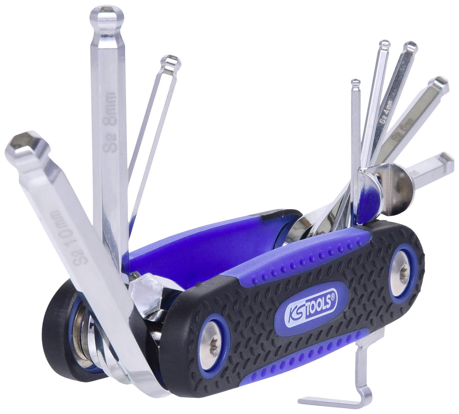 Compact multi-tool with fold-out hex keys in various sizes, suitable for bicycle repairs.