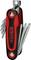 A red and black multi-functional tool with various screwdriver attachments in a foldable design.