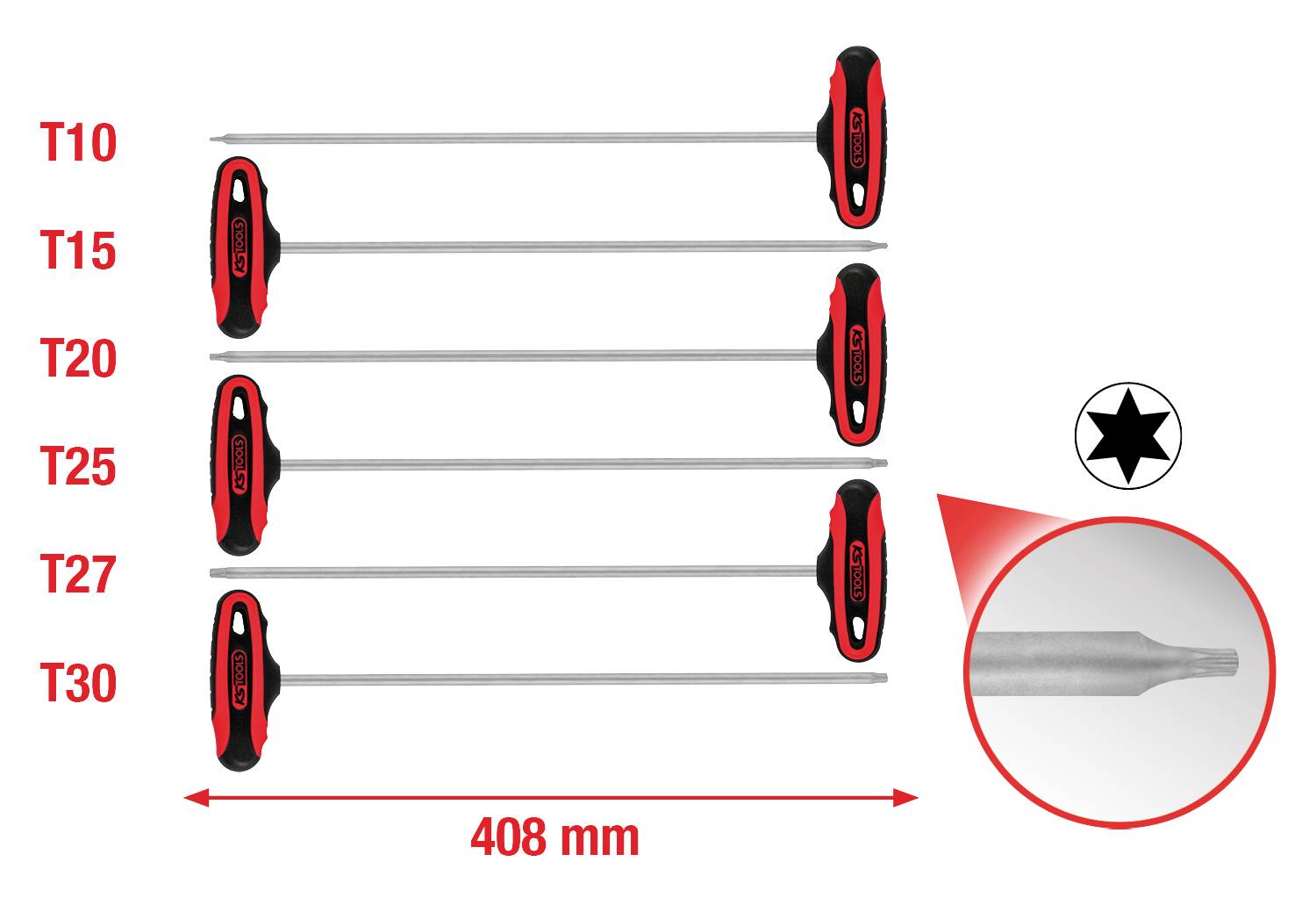 T-shaped screwdriver set. Six sizes: T10, T15, T20, T25, T27, T30. Length 408 mm. Detail view shows screw head profile.