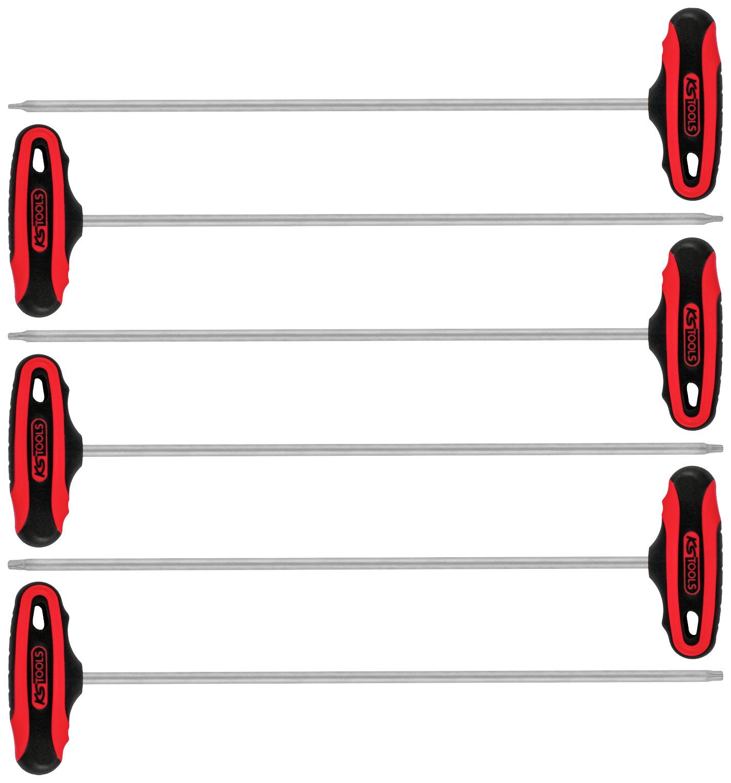 Six red and black T-handle hex keys in various sizes, evenly arranged on a white background.
